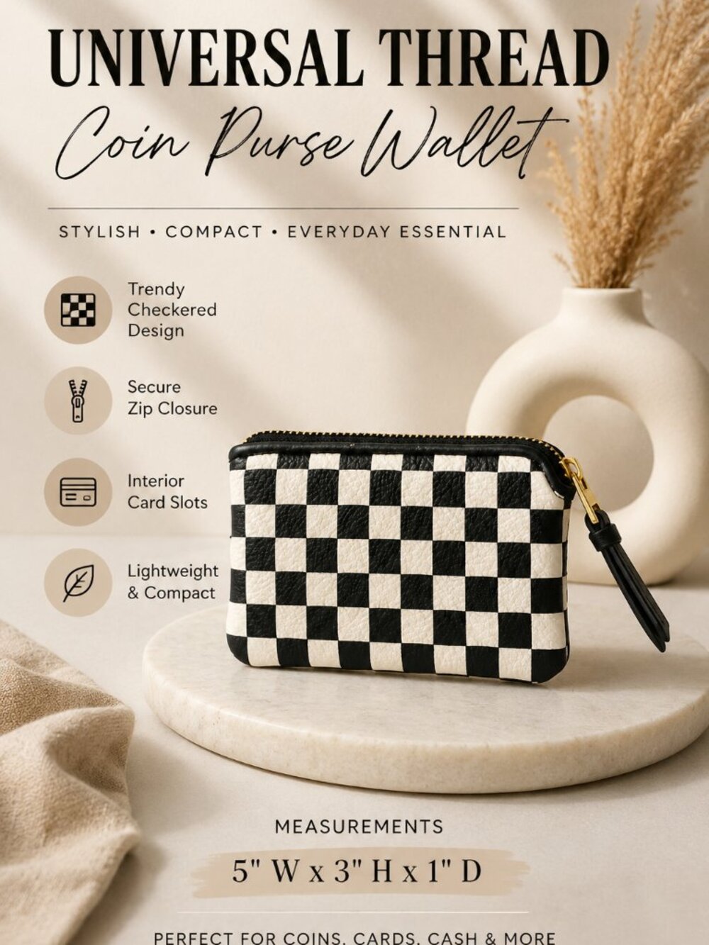 Universal Thread Black White Checkered Zip Coin Purse Wallet Pouch 5x3x1